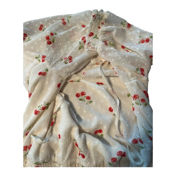 Joie Cherry Print Swiss Dot Peasant Blouse L Sheer Smocked Waist Cottage Flirty - Picture 10 of 16